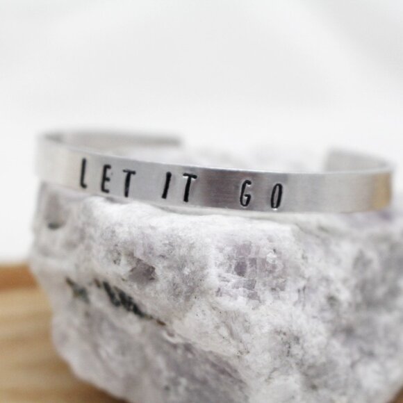 Let It Go - Hand Stamped Anodized Aluminum Bangle - Adjustable - Picture 3 of 11